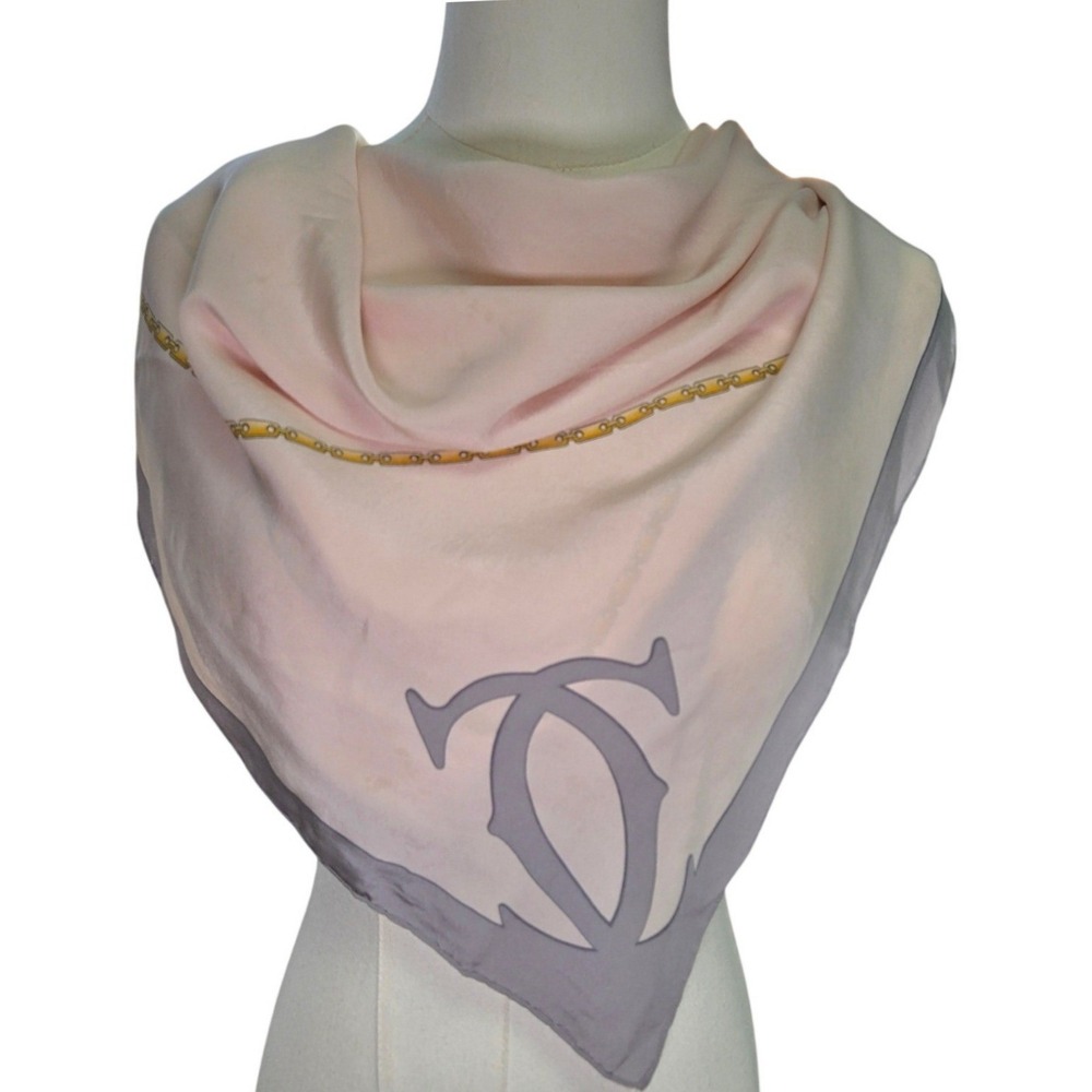 Must de Cartier Paris Silk Scarf Pink Grey Gold Chain Link Logo Square 31x31